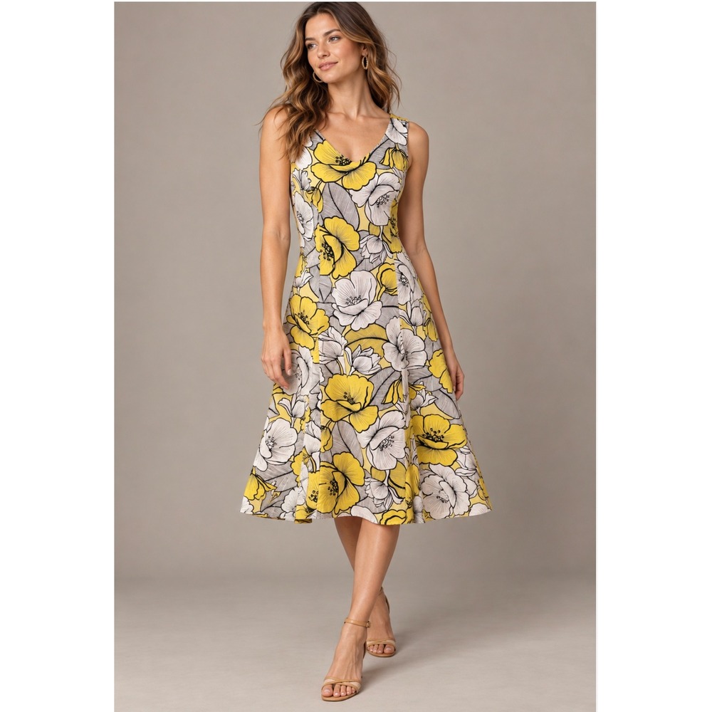 Vintage J.W. TRECI Dress 4 Yellow Floral V-Neck Fit Flare Retro Garden Party